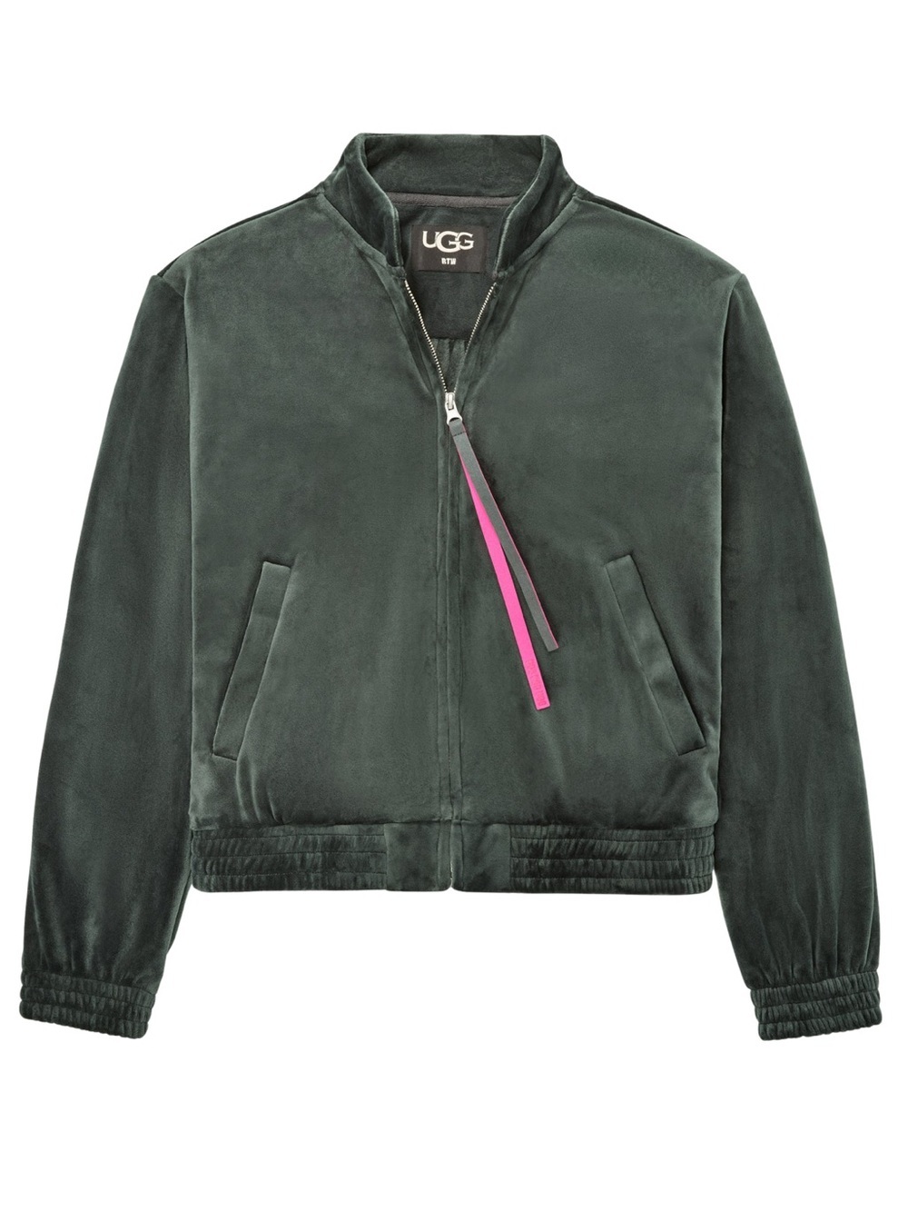 NWT UGG Devaney Bomber Jacket Dark Green Velour Velvet Full Zip Hot Pink